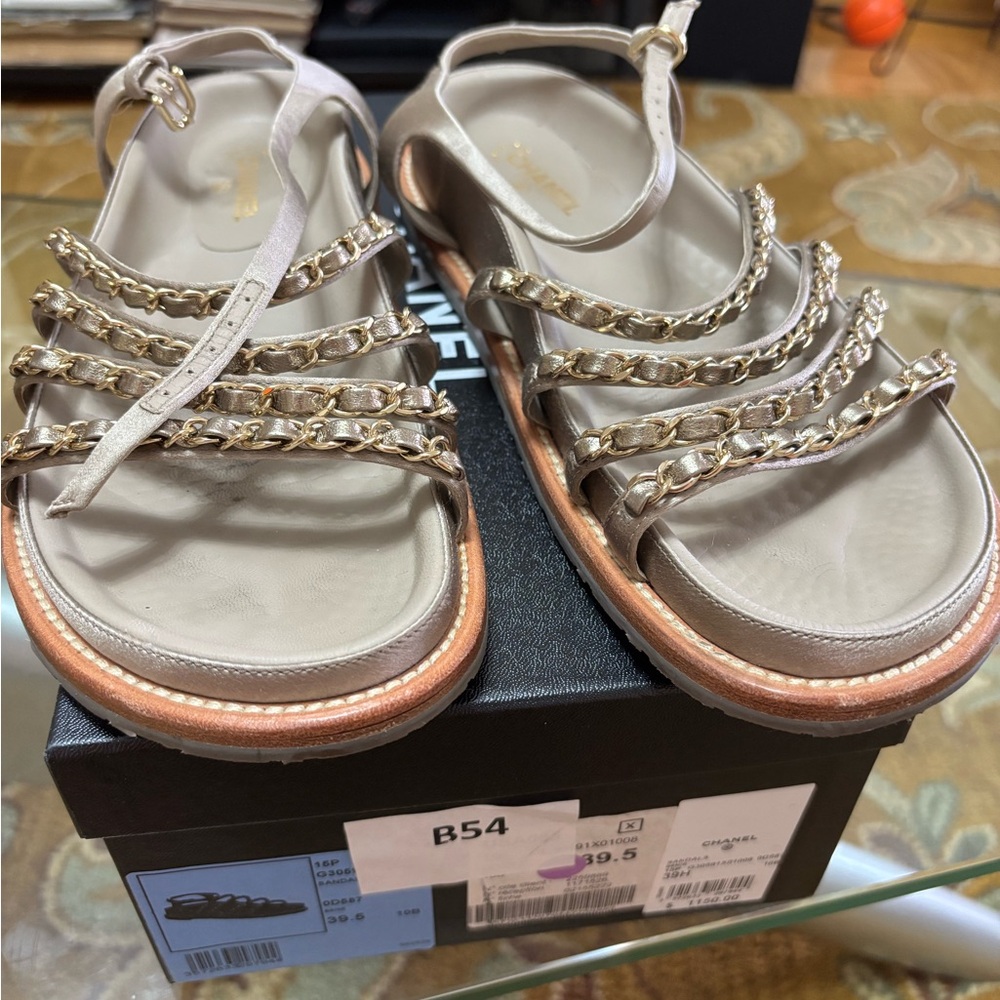 CHANEL Gray Sandals with Braided Straps